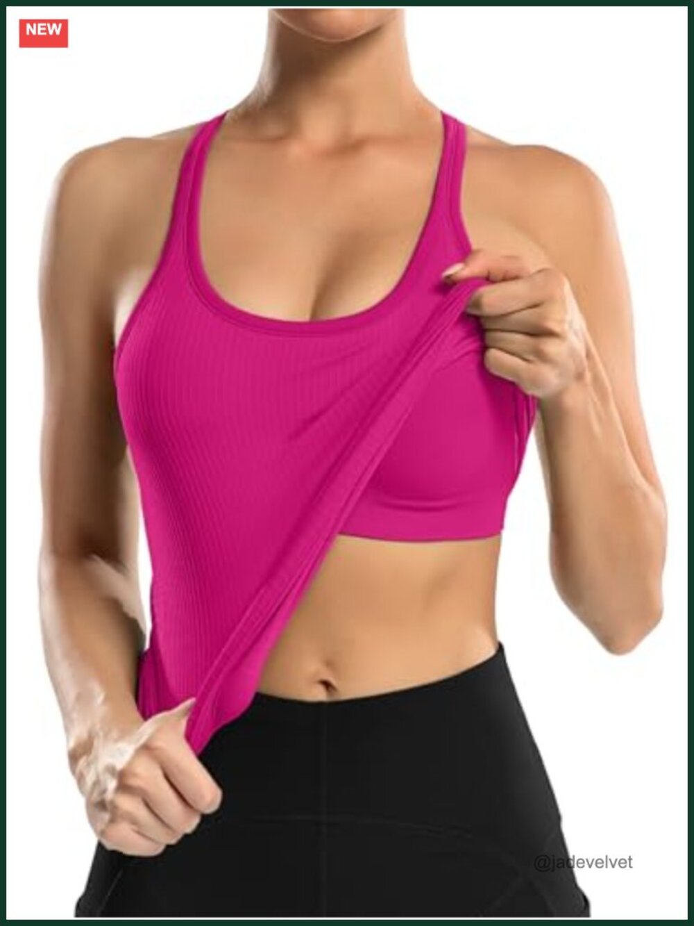 Ribbed Workout Tank Top with Built in Bra Racerback Scoop Neck Athletic Top - Picture 3 of 6